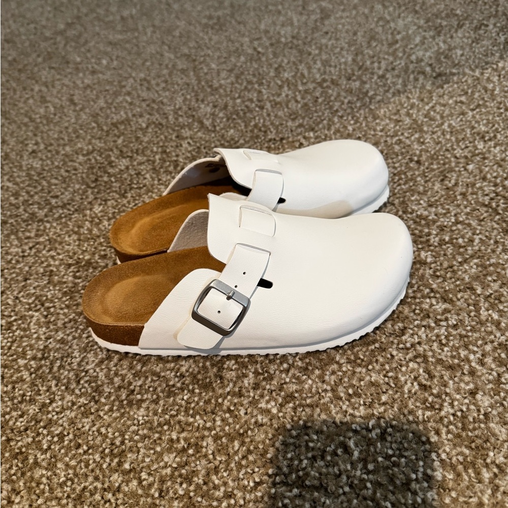 White Cushionaire Slip-On Clogs with Buckle